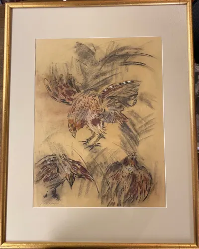 MASSON André (1896-1987) "Vol de perdrix" 1952 Pastel sur papier ocre signé 63 x 48,5 cm